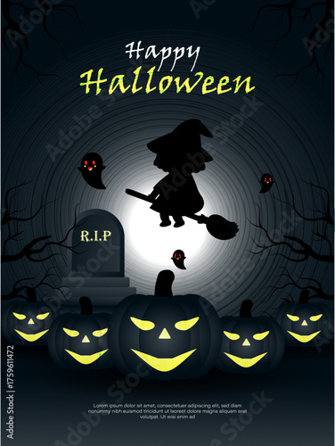 Happy Halloween celebration spooky trick of treat party night banner, poster or web header vector illustration.