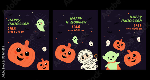 Set of three Happy Halloween banner, poster or web header flat creative spooky vector illustration.