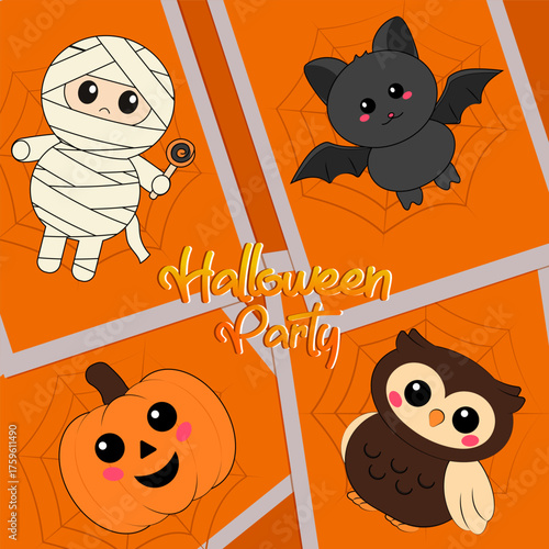 Happy Halloween Trick or treat vector design with spooky cute bat, ghost, owl and pumpkin illustration.