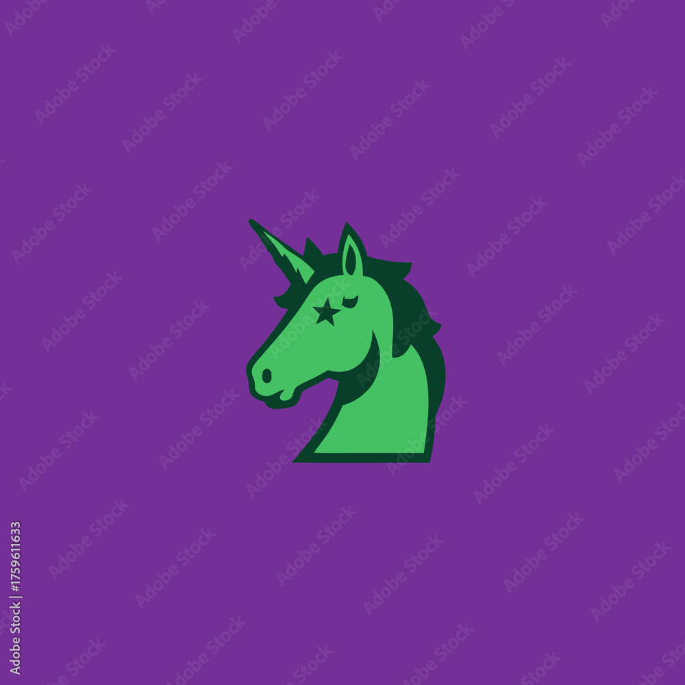 Fototapeta premium Stylized green unicorn head illustration with star eye, mythical creature fantasy vector graphic on a vibrant purple background.