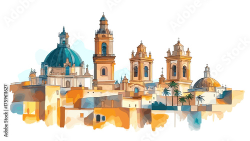 Mexico City Historic Centre. Mexico City Historic Centre hand drawn watercolor illustration