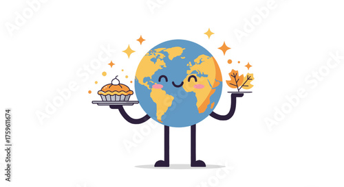 A cute cartoon Earth character celebrating autumn by holding a pumpkin pie and fall leaves.