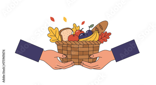 Two hands holding a basket full of food, including bread, fruits, and autumn leaves, symbolizing sharing and generosity.