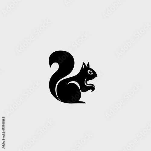 Black squirrel silhouette icon with bushy tail, minimalist graphic design element, wild animal symbol vector illustration