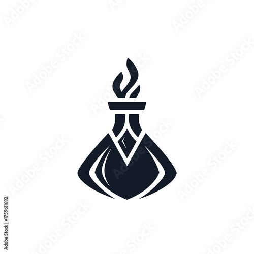 Modern abstract dark icon of a stylized flask with a vibrant flame, symbolizing alchemy, science, innovation, and magic. Minimalist logo.