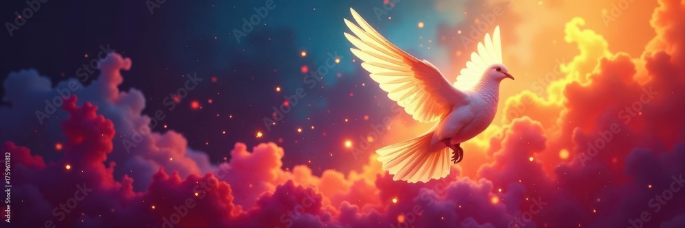 Fototapeta premium Abstract dove, vibrant colors, Pentecost flame background, energy, spirit, confirmation