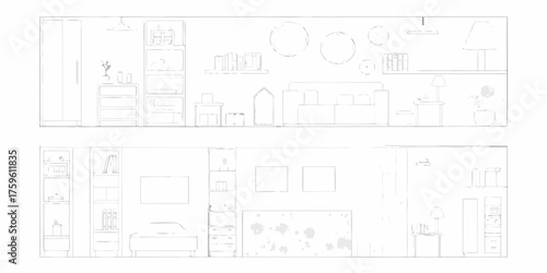 Interior design sketch of a modern living room and bedroom with furniture and decorative elements