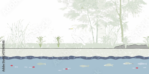 Stylized illustration of a serene wetland ecosystem with a heron and fish in the water