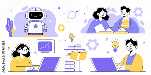 Diverse group of people engage in learning and technology with robots and laptops