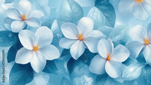 Delicate light blue flowers and leaves, springtime floral background, high quality, nature, backdrop, design
