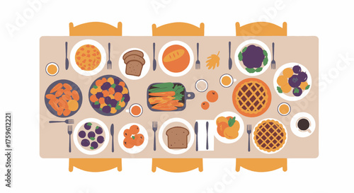 Overhead view of a Thanksgiving dinner table with various dishes and place settings.