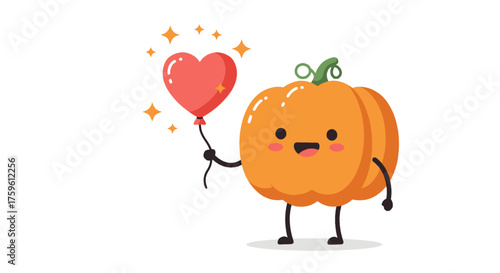 A cute cartoon pumpkin character with a happy face holding a sparkling red heart-shaped balloon.