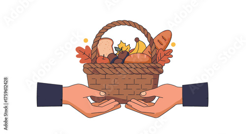 Two hands gently holding a basket overflowing with fresh food items, symbolizing generosity and sharing.