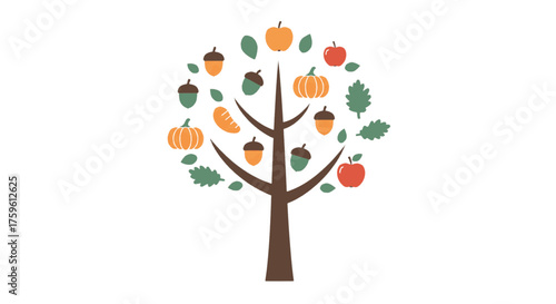 A whimsical illustration of a tree adorned with various autumnal elements, creating a festive composition.