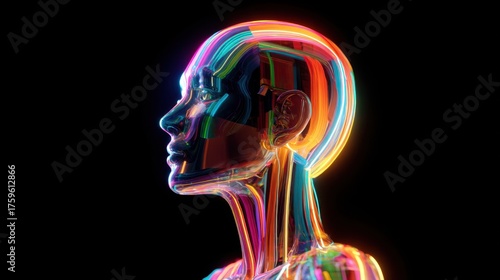 A sleek robot head profile shines with glowing lines in a dark environment showcasing futuristic design.