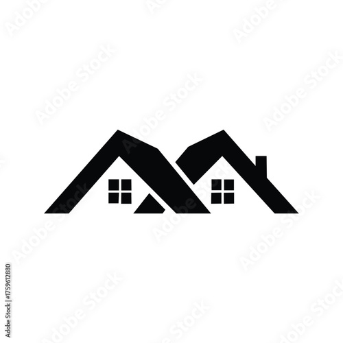 Modern minimalist black silhouette of two adjacent house roofs with windows representing real estate or home ownership