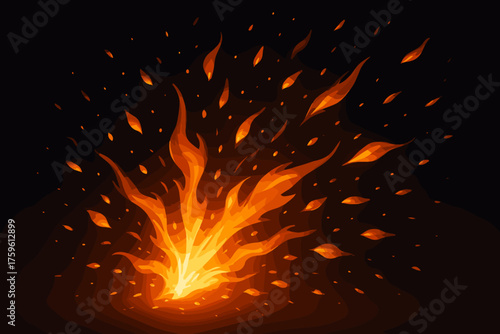 Fiery particles burst against scattered flame illustration trails style vector
