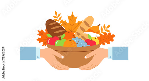 Hands holding a basket filled with an autumn harvest of fruits and bread, representing donation and Thanksgiving.