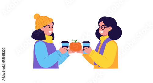 Two young women in warm winter clothes sharing coffee and a pumpkin, smiling at each other.