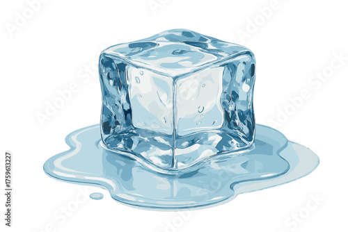 Vector melting illustration ice cube forming isolated reflections water puddle light