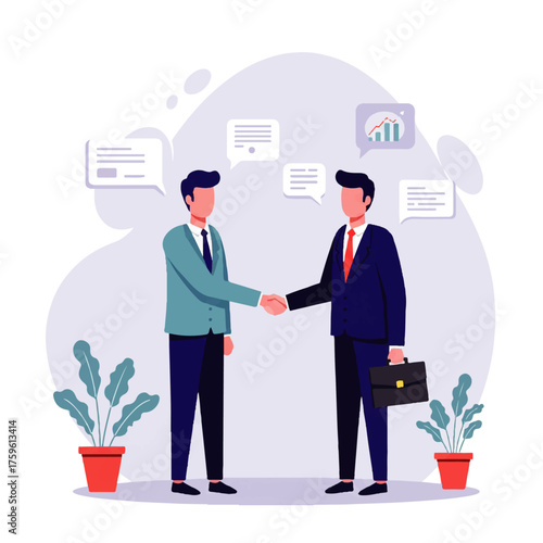 Two businessmen shaking hands, sealing a deal with speech bubbles and plants in the background.