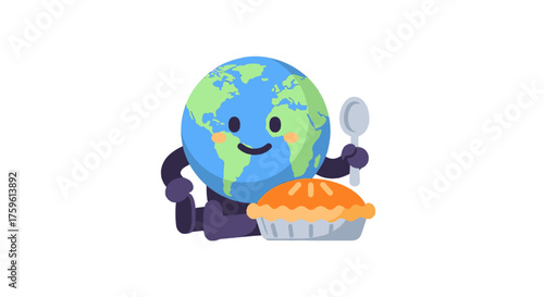 A cute cartoon Earth character with a happy face is about to eat a delicious pie with a spoon.
