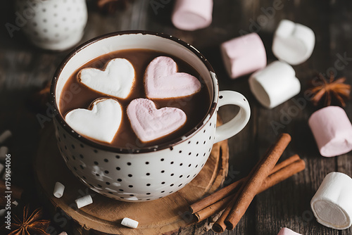 Warm cocoa with heart-shaped marshmallows, cinnamon sticks, and a cozy, comforting atmosphere.