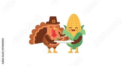 A cartoon turkey and corn on the cob sharing food on a white background