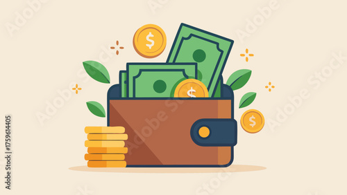 Wallet overflowing with money and coins flat vector illustration