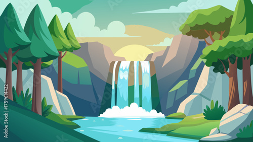 A serene waterfall cascading into a clear blue river