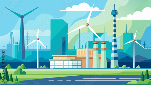 Wind turbines generating power near an industrial zone