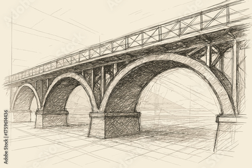 Draft arches vector sketch bridge structural architectural perspective strokes illustration view