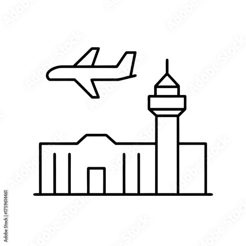Airplane flying over an airport terminal line drawing on transparent background