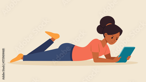 Woman on floor reading on a tablet in cartoon illustration