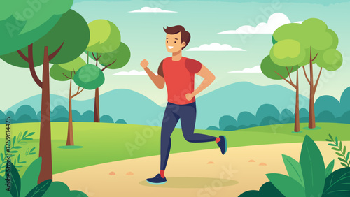 Happy man in red shirt jogging along a park path outdoors