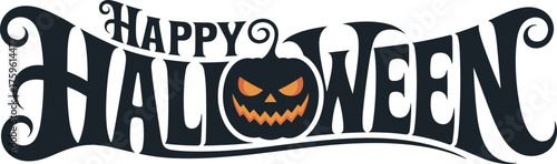 Happy Halloween typography, spooky decorative text, pumpkin face letter O, festive seasonal lettering, eerie holiday design, creepy celebratory artwork