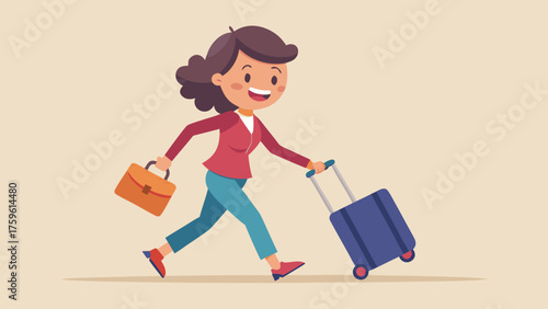 Cartoon woman pulling suitcase and bag with happy expression