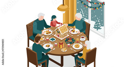 Family Enjoying Christmas Dinner with Gingerbread House.