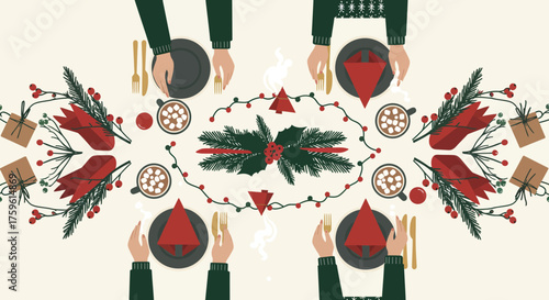 Festive Christmas Table Setting with Holiday Decorations.