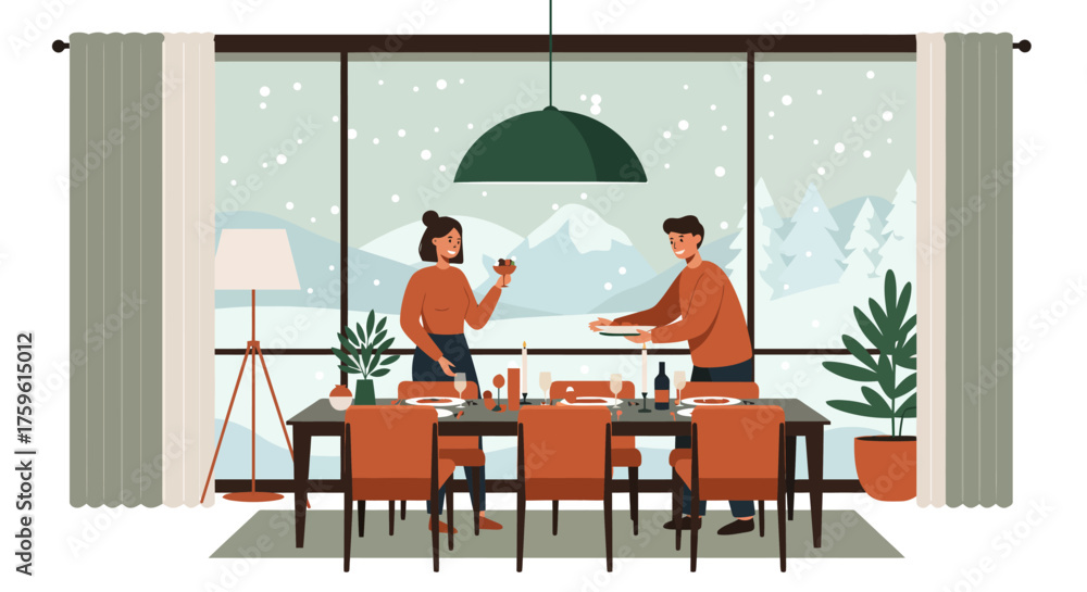 Fototapeta premium Cozy Dinner Scene with Couple and Winter View.