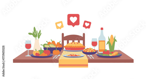 A beautifully set table laden with a Thanksgiving feast, complete with a pie, vegetables, and drinks, adorned with social media like icons.