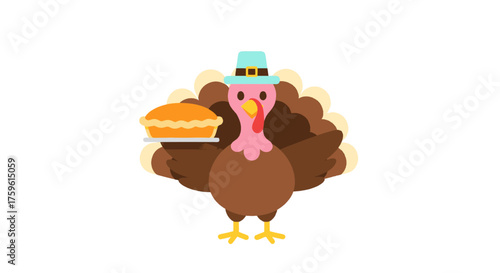 Cartoon turkey wearing a pilgrim hat and holding a pumpkin pie, celebrating Thanksgiving holiday.