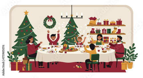 Family Celebrating Christmas Dinner Together Festive Illustration.