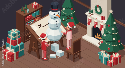 Children Building a Snowman for Christmas Celebration.