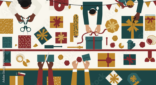 People Preparing and Wrapping Gifts for Celebration.