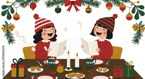 Two Cheerful Children Singing Christmas Carols Together.