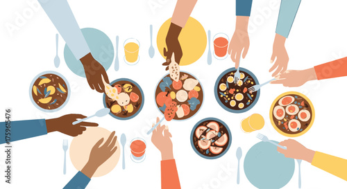 Diverse group of people sharing a meal together around a table, reaching for food from communal bowls.