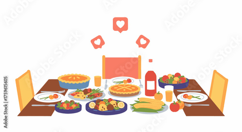 Illustration of a Thanksgiving dinner table with food and social media icons.