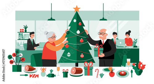 Festive Office Christmas Tree Decorated by Elderly Couple.
