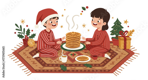 Two Children Sharing Christmas Pancakes Together.